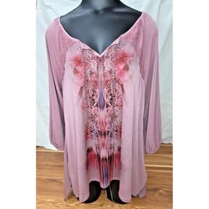 Y2k Romantic Witch Top One World Blouse‎ Size Large Boho Fairy Dusty Rose Pink